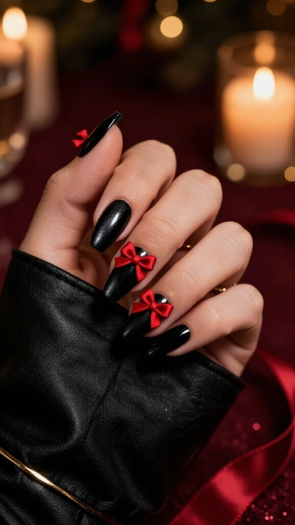 Black velvet nails with red bows