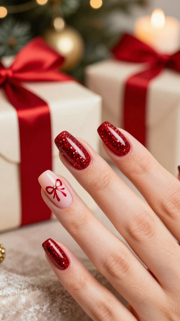 Red glitter bow nails