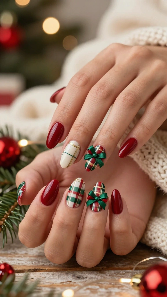 Plaid Christmas nails with ribbon bows