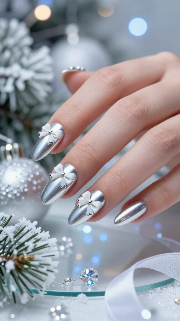 Chrome silver bow nails