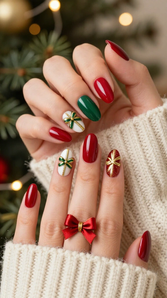 Christmas present nails with oversized bows