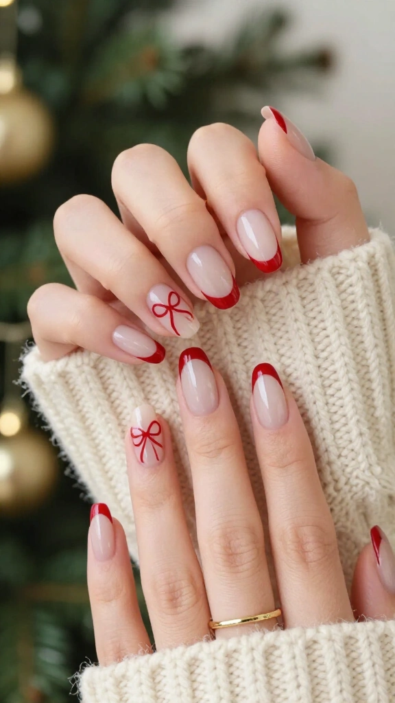 Milky white nails with red bow outlines