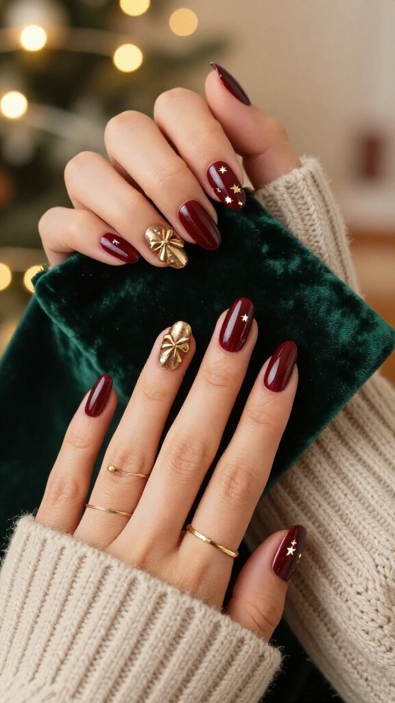 Burgundy bow nails with tiny gold stars