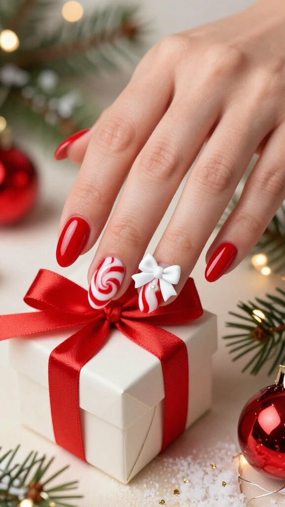 Peppermint swirl nails with white bows