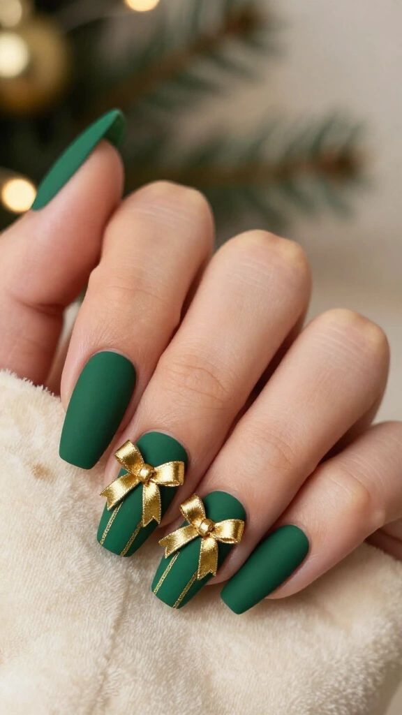 Forest green matte nails with glossy bows