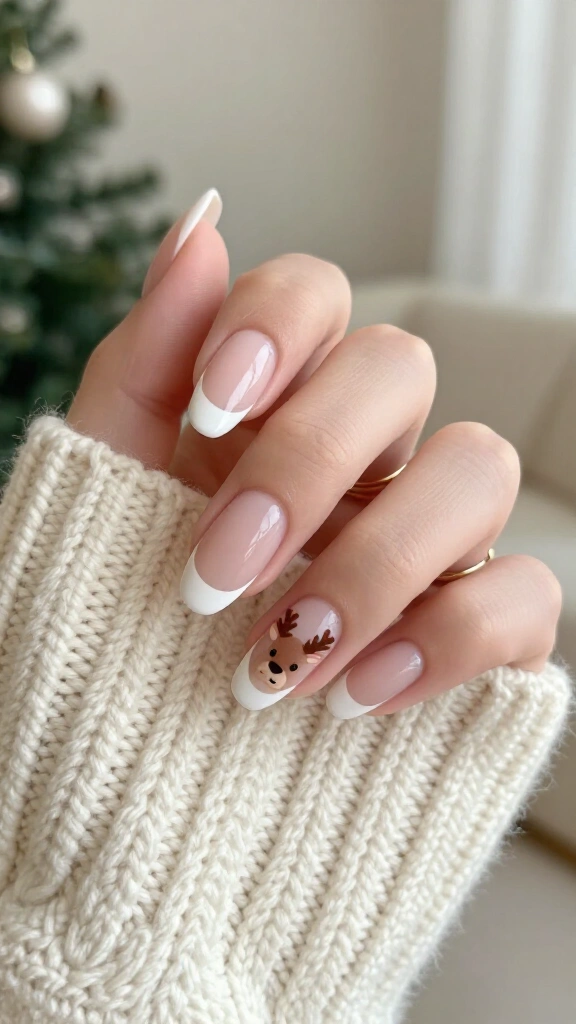 Snowy French Tips with Peeking Reindeer