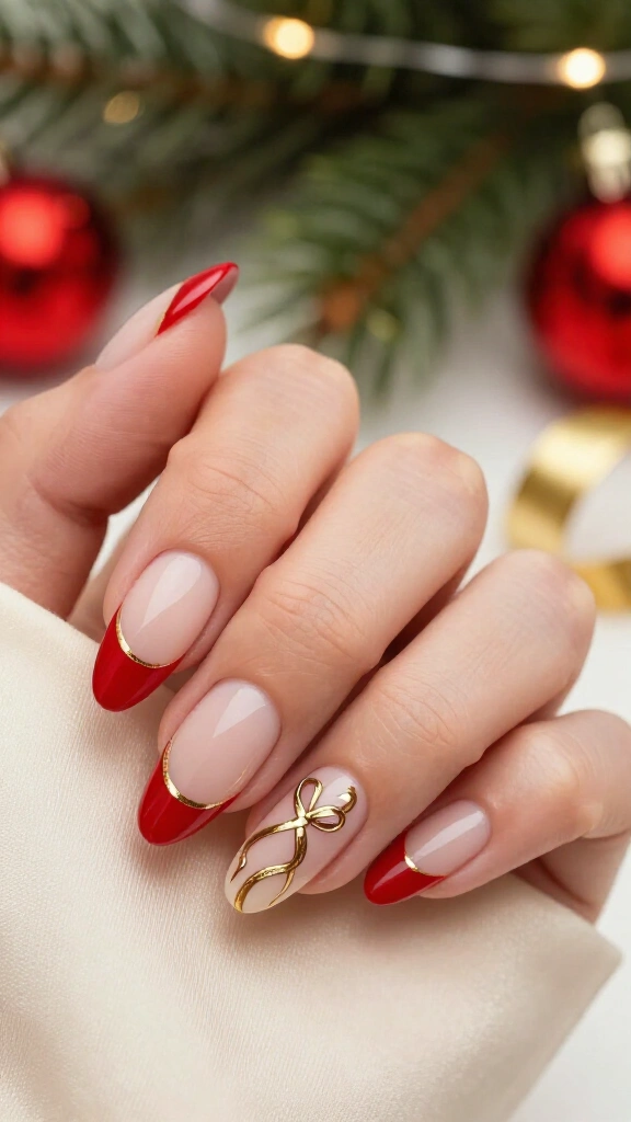 Red French tips with gold ribbon details