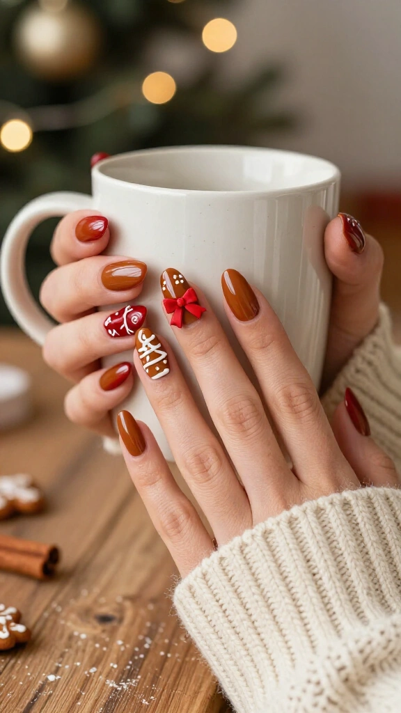 Gingerbread nails with red bow details