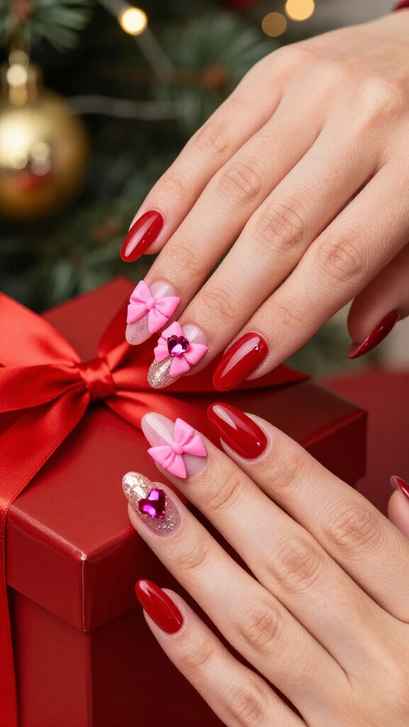 Candy pink bows on red nails