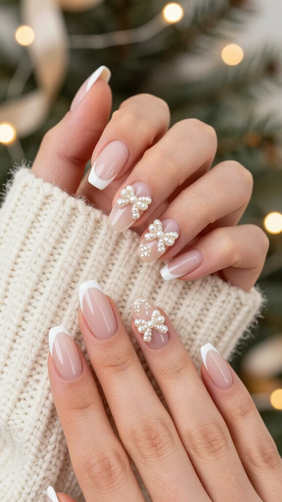 French manicure with pearl bow charms