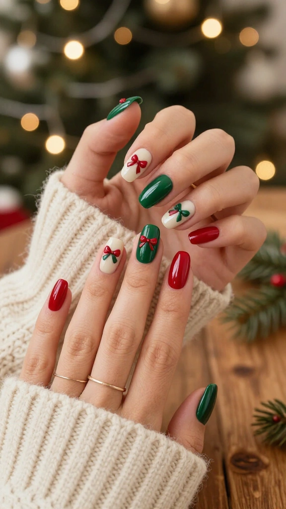 Red and green mismatched bow nails