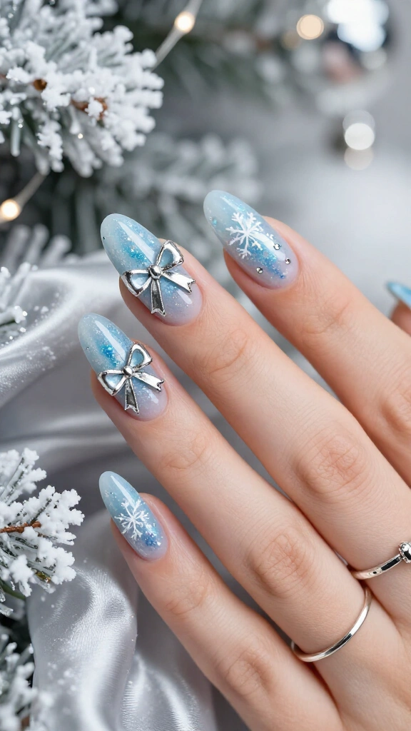 Winter blue nails with silver bows