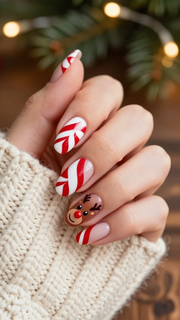 Candy Cane Striped Reindeer Nails