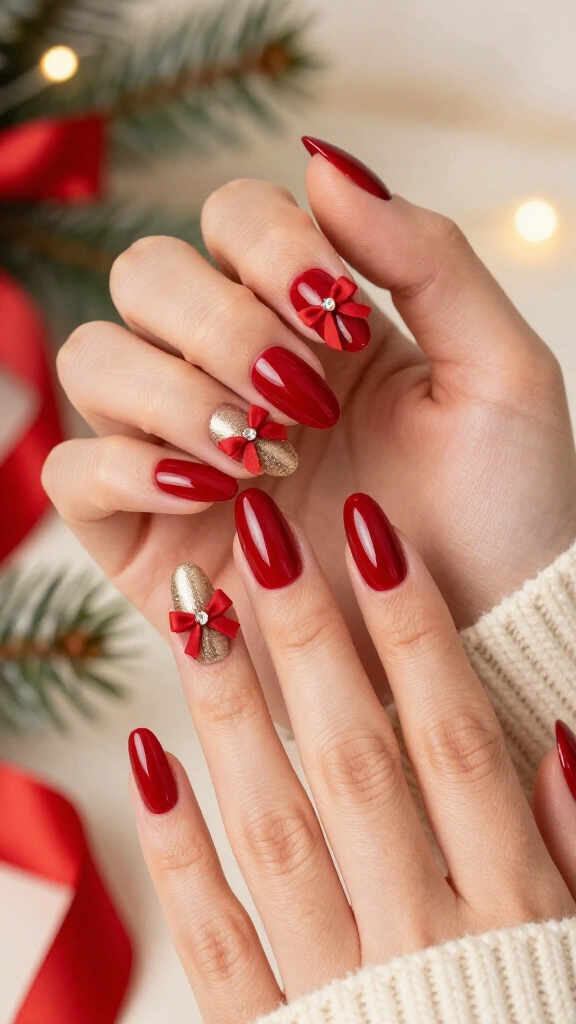 Luxe red bow nails with rhinestone centers