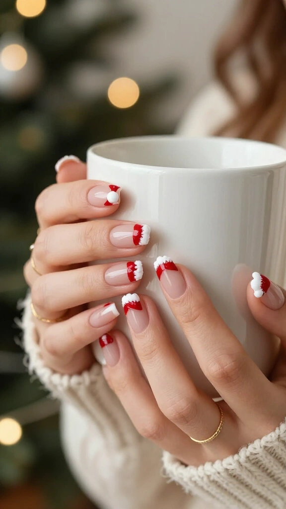 Tiny Santa Hats on Nude Nails