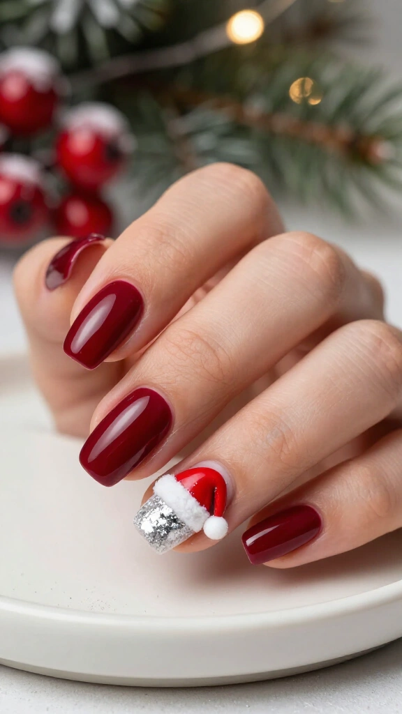 Santa Hat Accent Nail Manicure