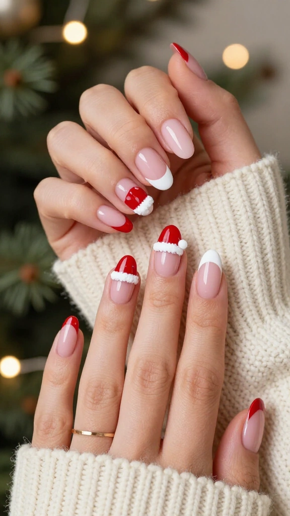 French Tips with Santa Hat Corners