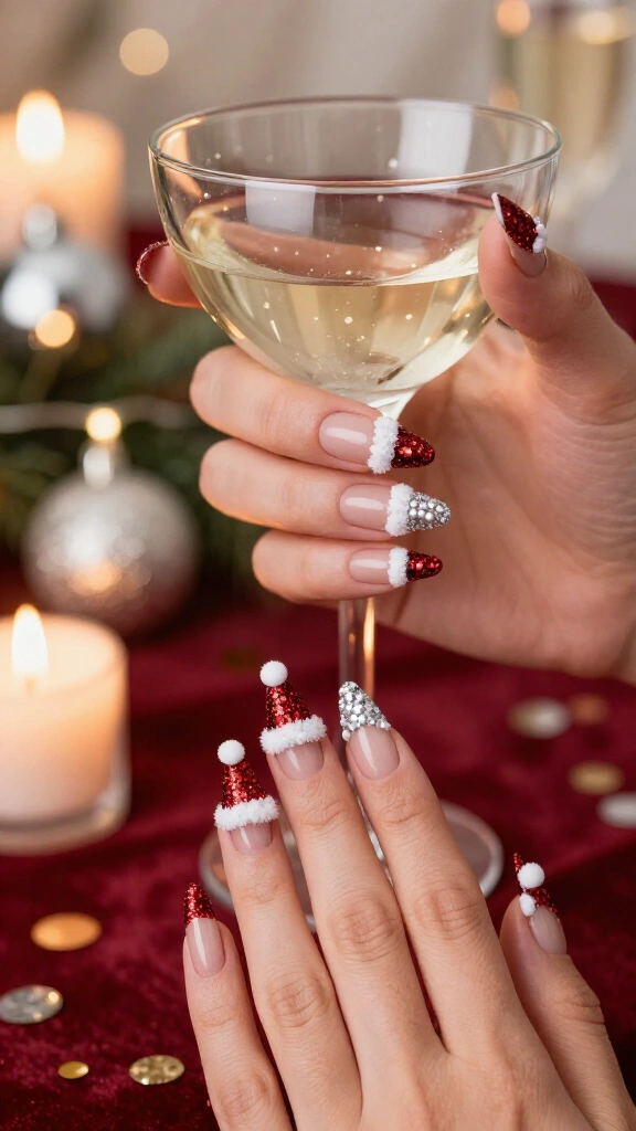 Glittery Santa Hat Nail Art