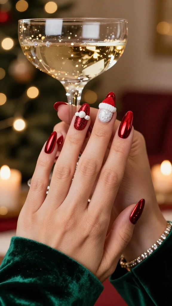 Red Chrome Santa Hat Nails