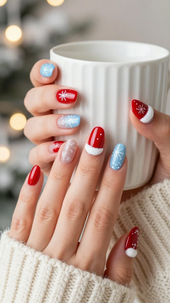 Santa Hat Nails with Snowflakes