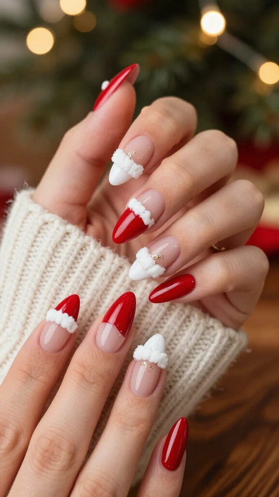 Long Almond Santa Hat Nails