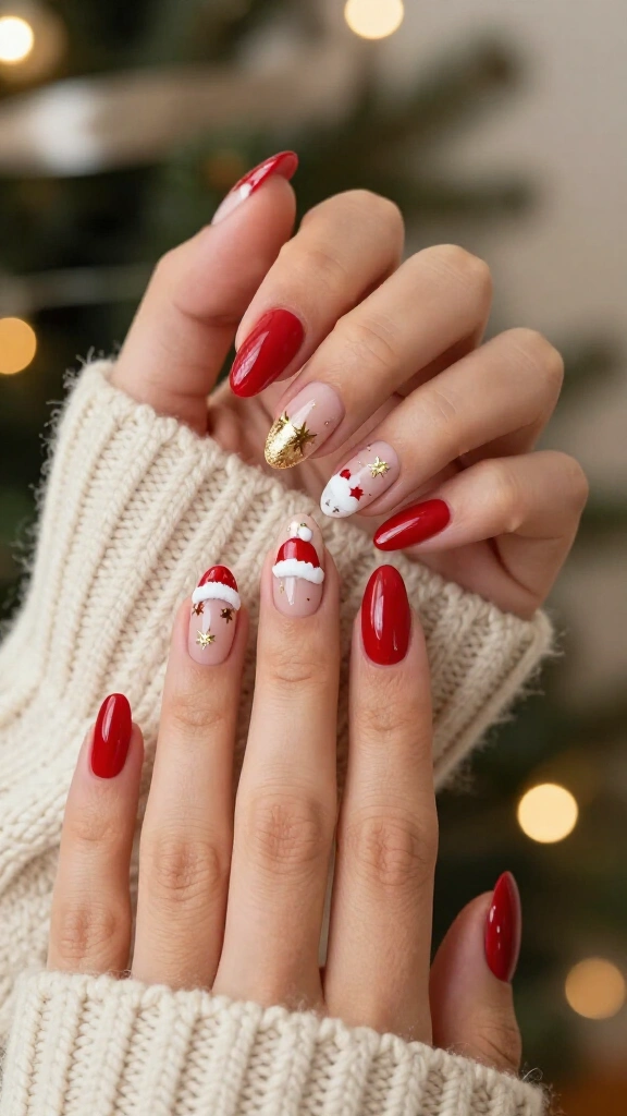 Santa Hat and Gold Star Nails
