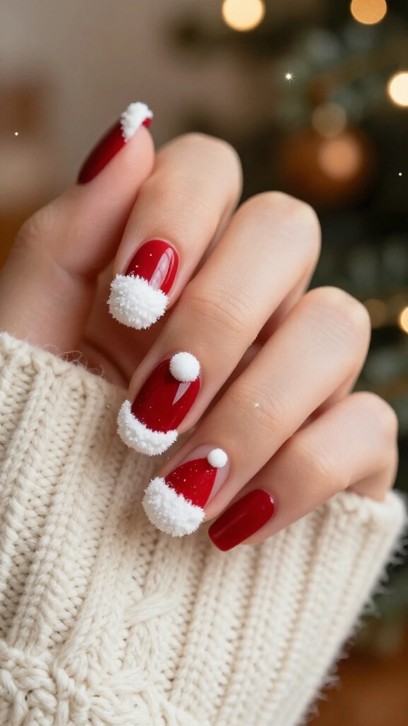 3D Fluffy Santa Hat Nails