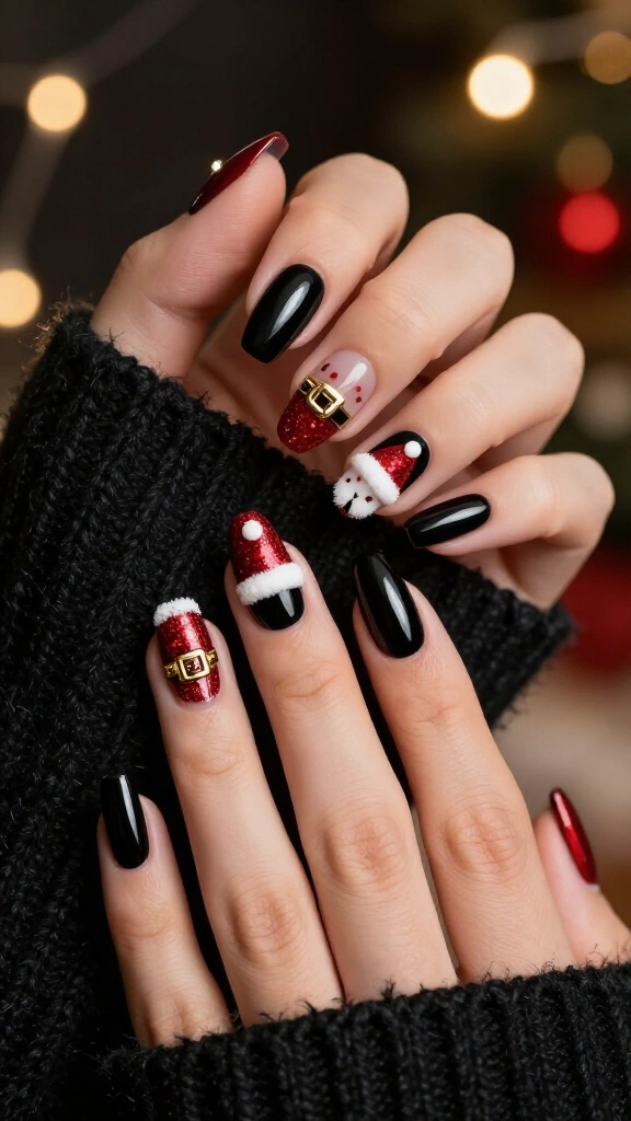 Black and Red Santa Hat Nails
