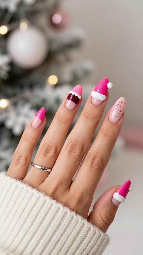 Pink Santa Hat Nails