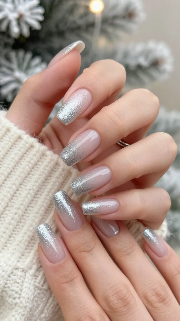 Frosted Silver Glitter Ombré Tips