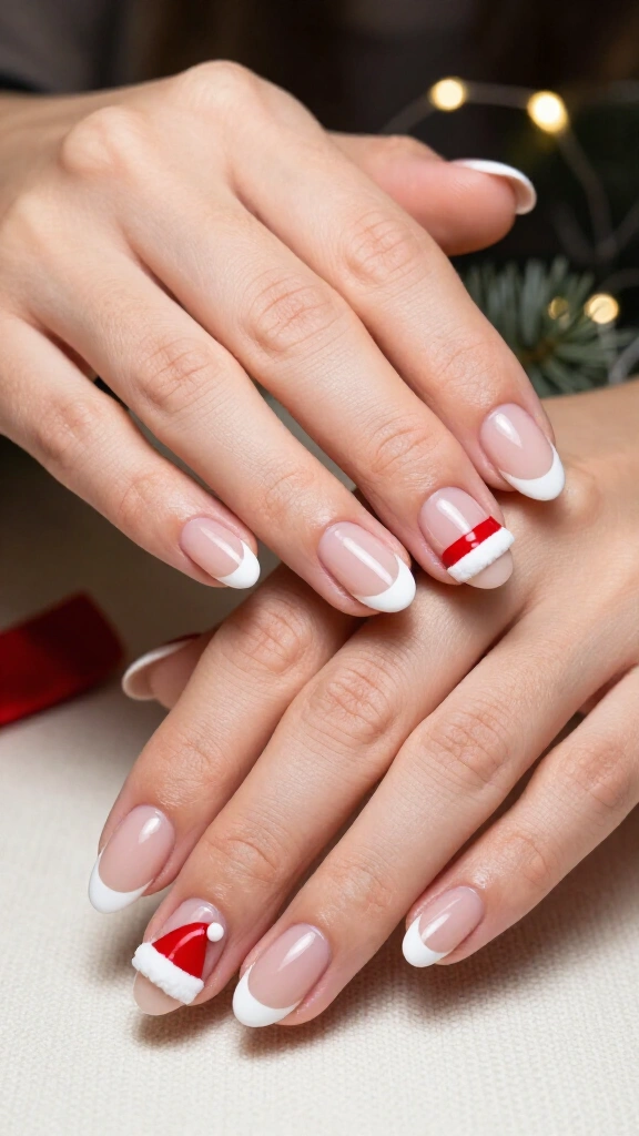 White French Tips with Red Santa Hats