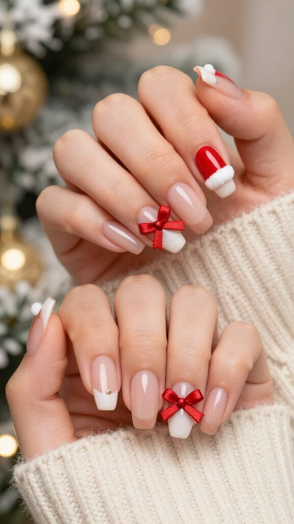 Santa Hat Nails with Red Bows