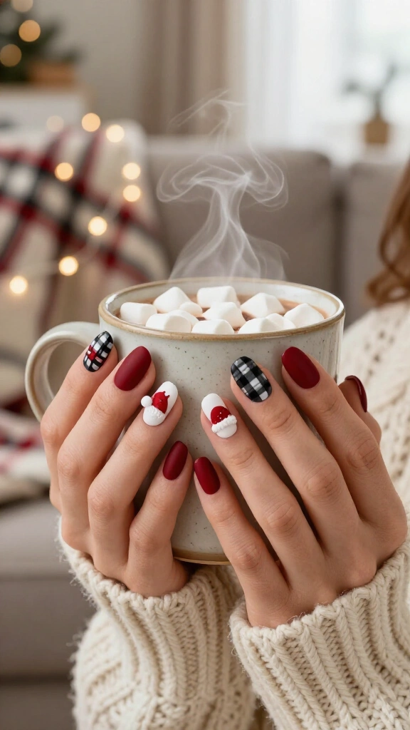 Plaid Santa Hat Nails