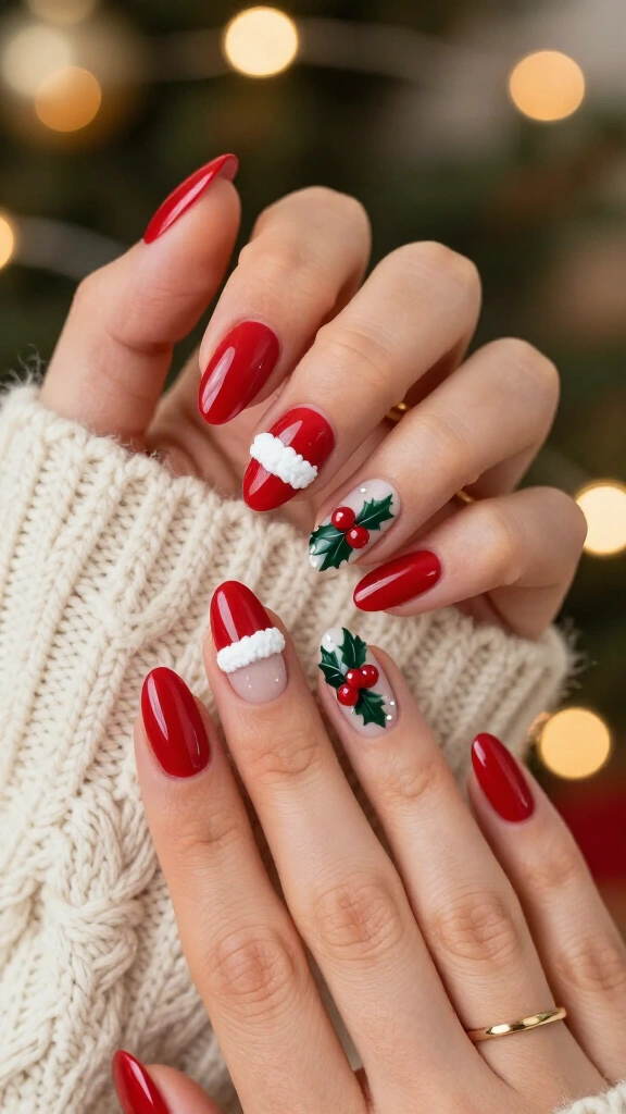 Santa Hat Nails with Holly Berries