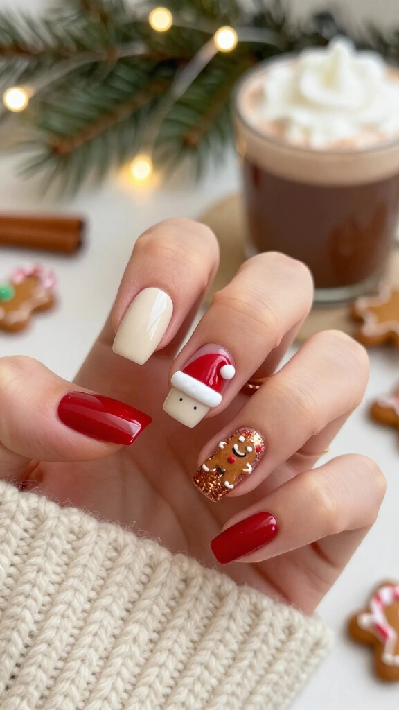 Santa Hat Nails with Gingerbread Accents
