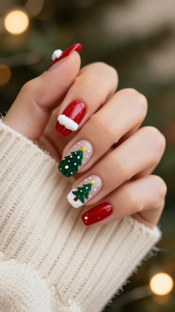 Santa Hat Nails with Christmas Tree Accents