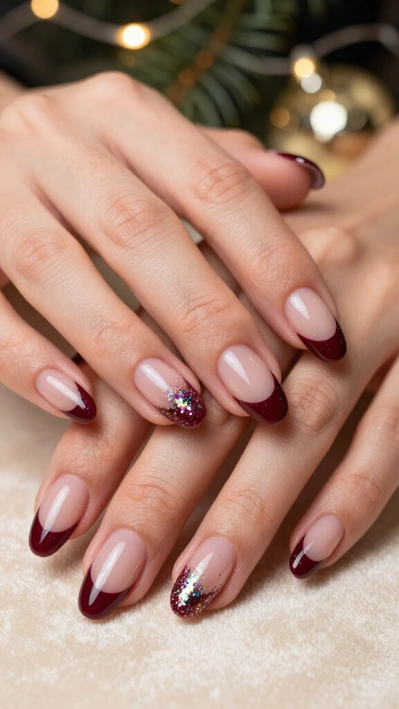 Rich Burgundy French with Holographic Sparkle