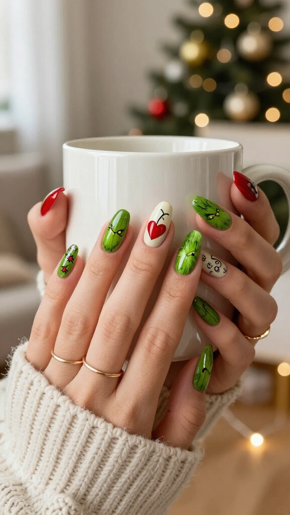 Grinch heart accent nails