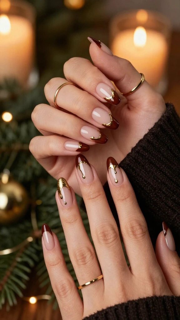 Espresso Brown with Gold Drip French Tips