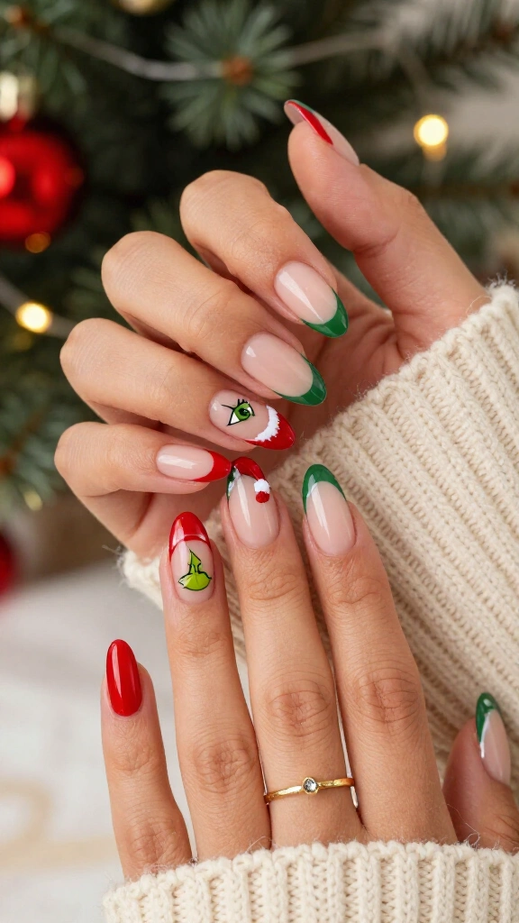 Red and green Grinch French tips