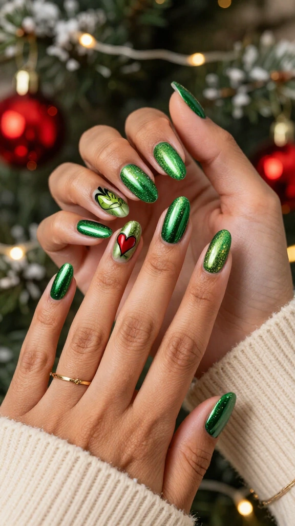 Sparkly Grinch green chrome nails
