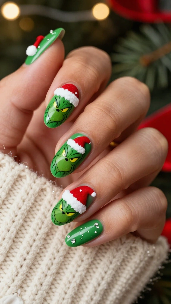 Grinch Santa hat nail art