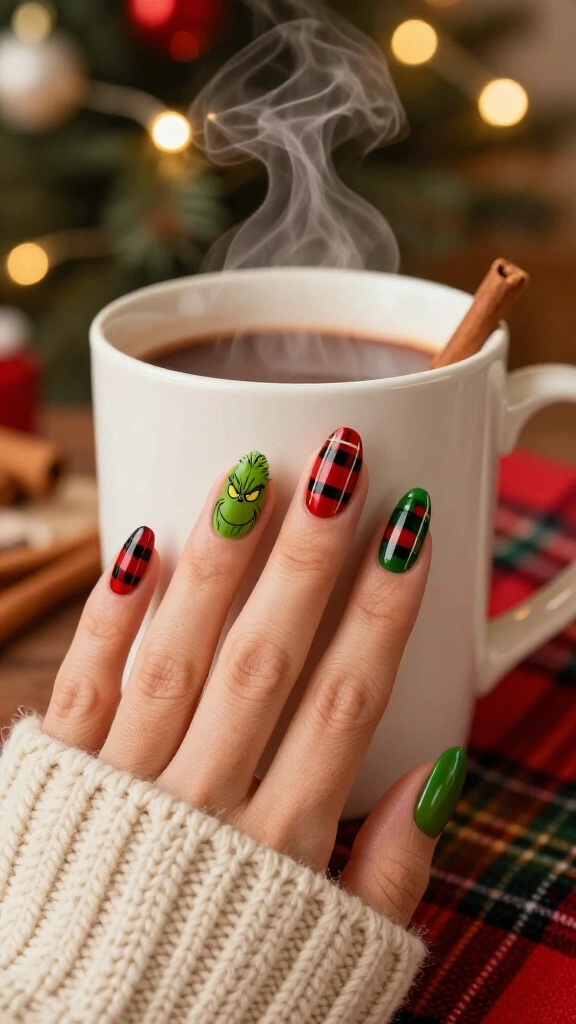 Grinch plaid Christmas nails