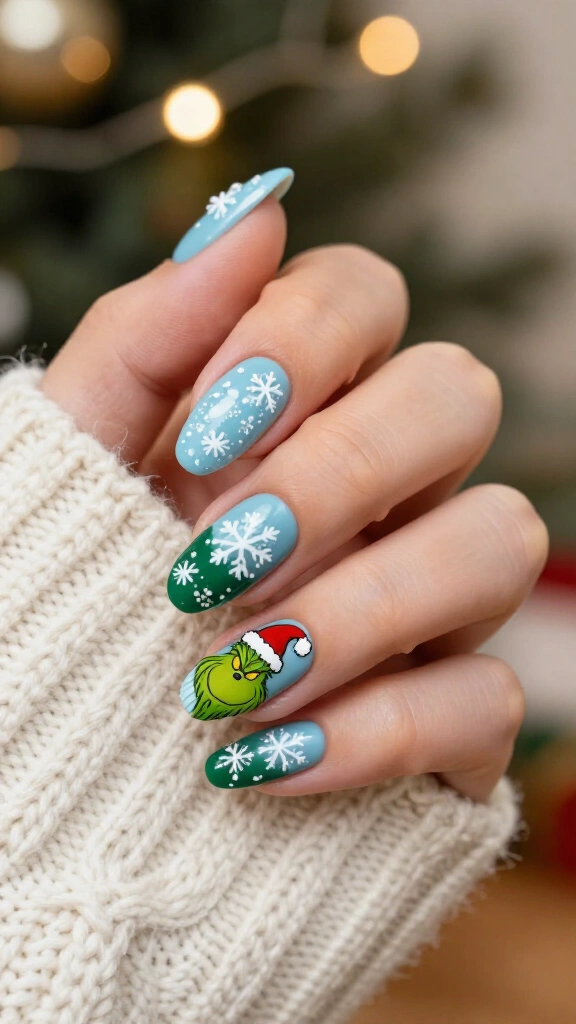 Snowy Grinch nail designs