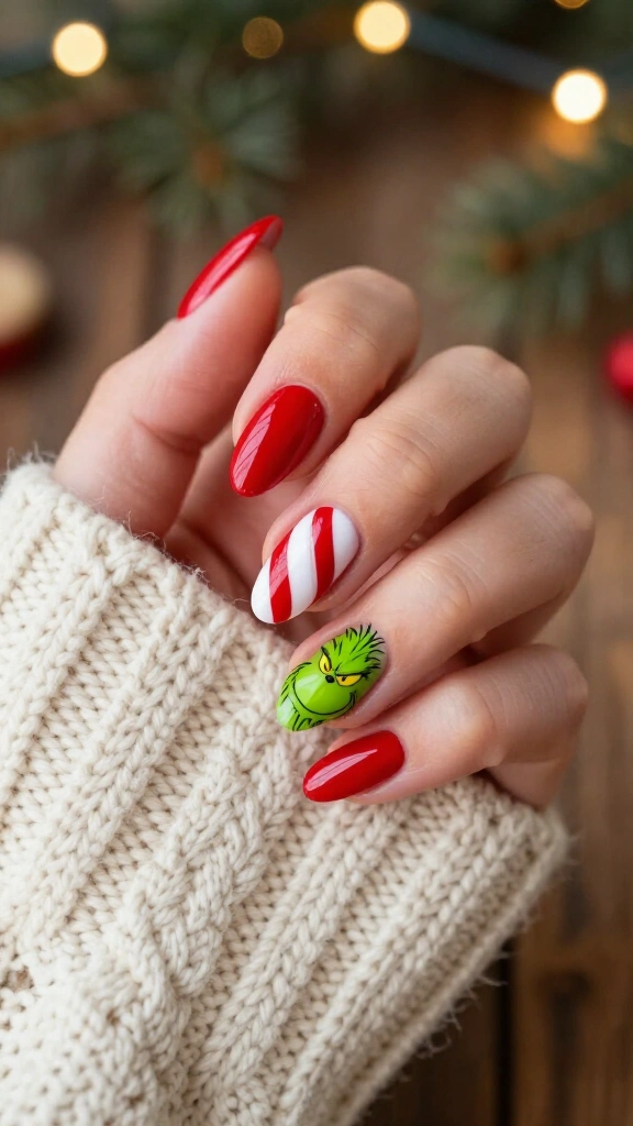 Candy cane Grinch nails