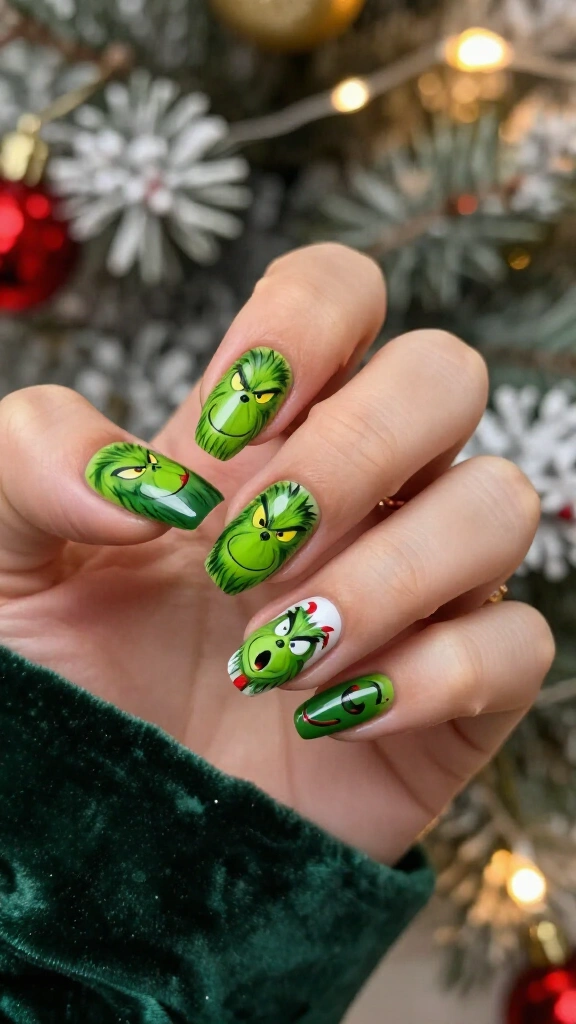 Grinch hand painted character nails