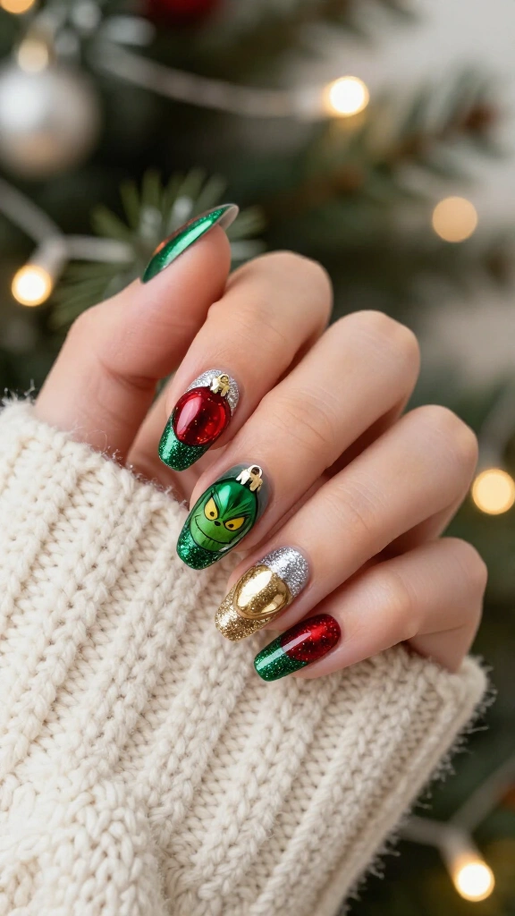 Glitter Grinch ornament nails