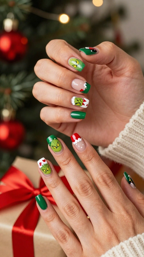 Short Grinch nails with tiny details