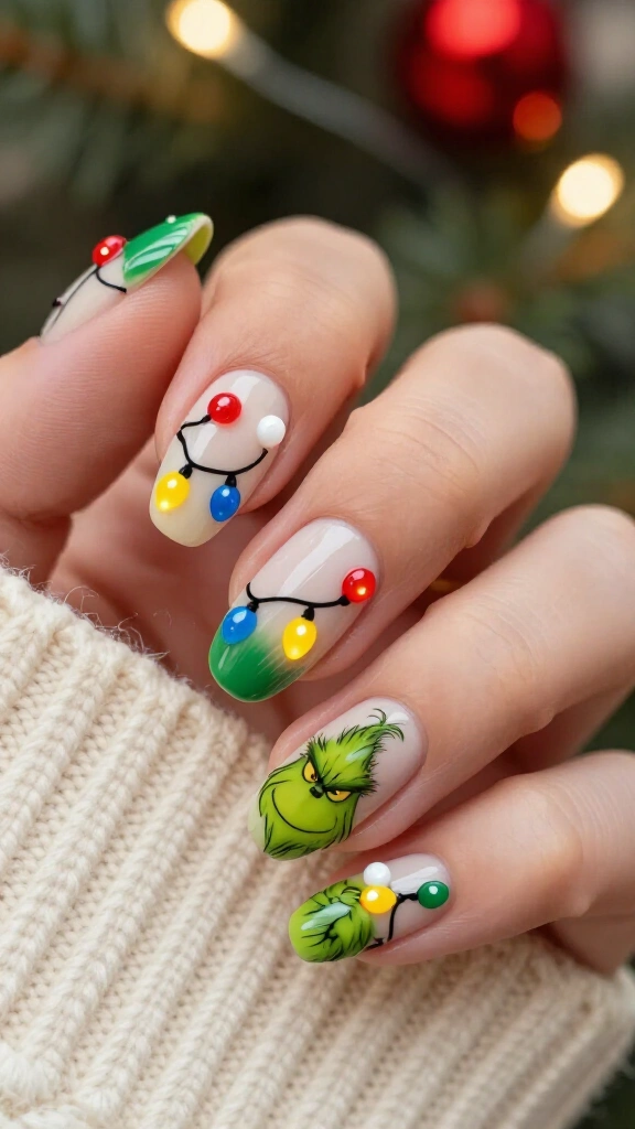 Grinch Christmas lights nails