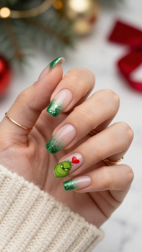 Grinch glitter gradient nails